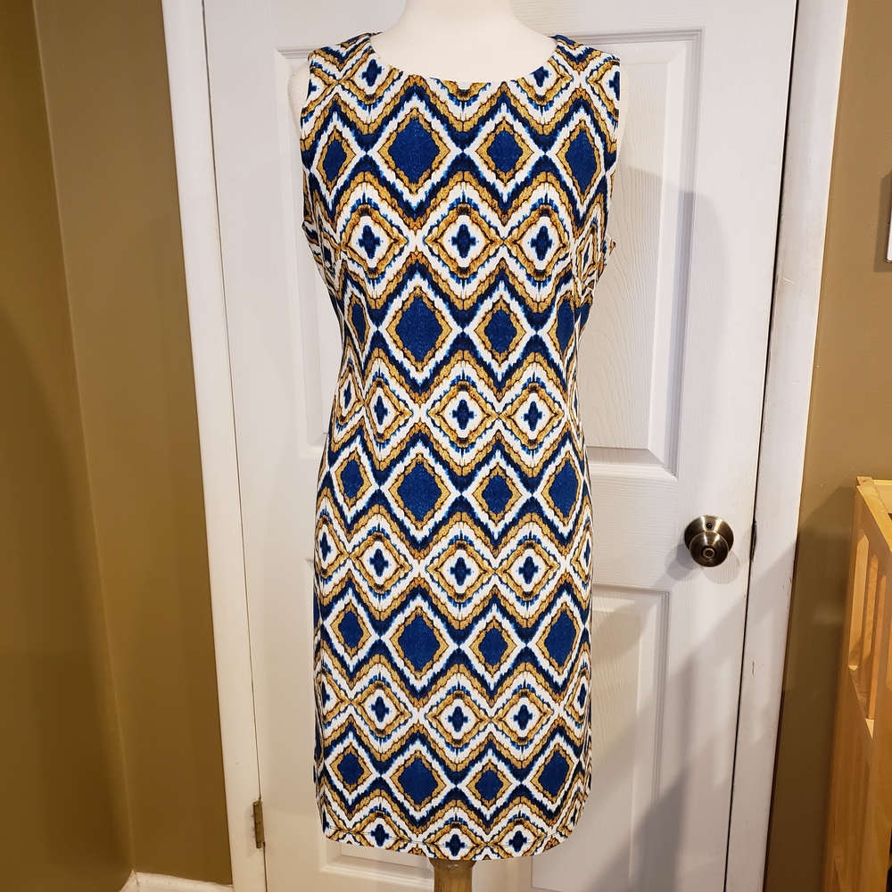 Tommy Hilfiger Blue and Gold Diamond Print Midi Dress